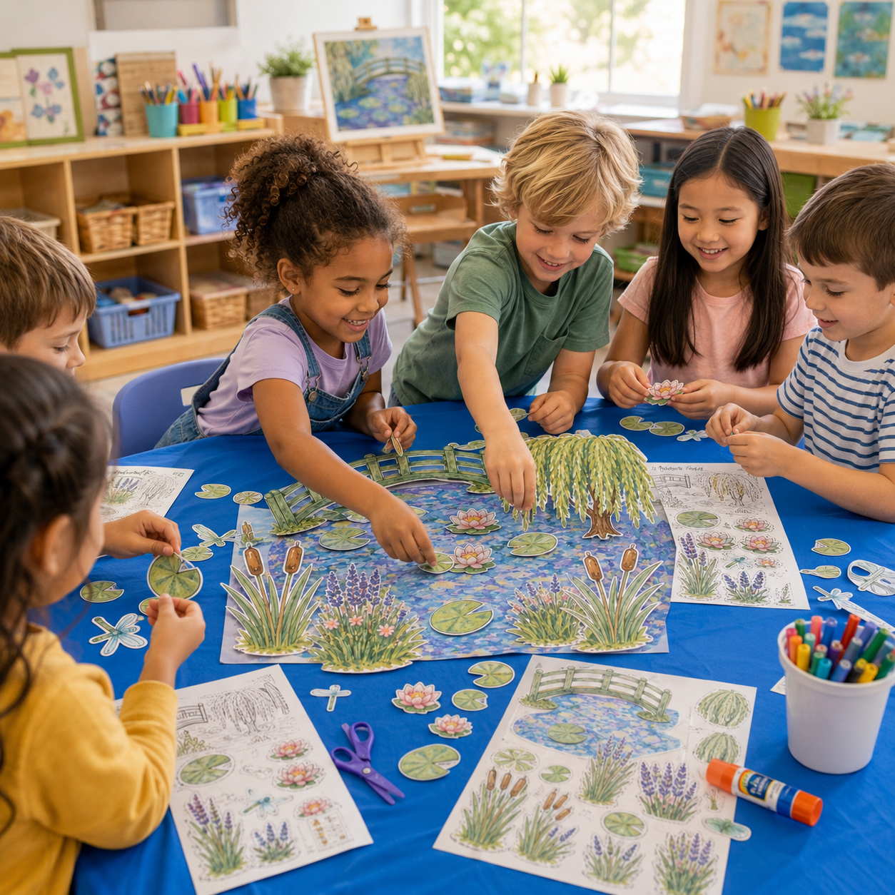 Kids building a Monet pond scene together in a classroom